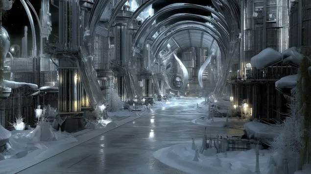 Интериор на ефирен леден град: Замръзнали арки и снежна пътека 2K тапет