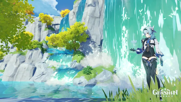 Eula stand before the waterfall | Genshin impact HD wallpaper download