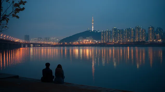 wieczorny romans nad rzeka city river: odbicie panoramy seulu pobierz