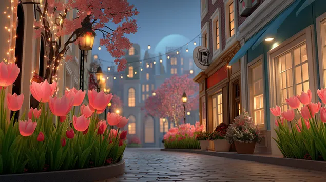 Aandstraattoneel met Bloeiende Blomme en Ligte 2K muurpapier