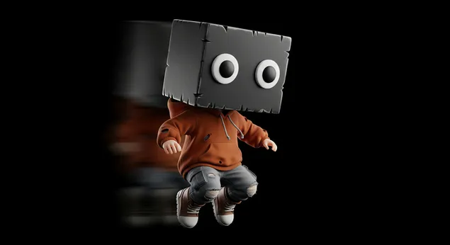 Personatge de caixa emocionat saltant amb els braços oberts plens d'energia per al fons de l'escriptori 4K fons de pantalla