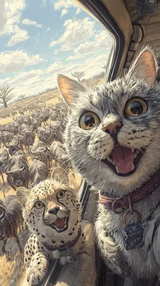vostorzhennoe selfi kota i geparda so stadom gnu na safari skachat'