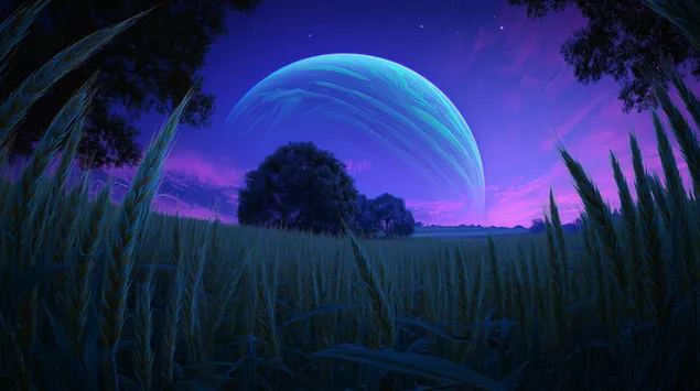 Exoplanet stiger op over mark i mystisk tusmørkelandskab 2K baggrundsbillede