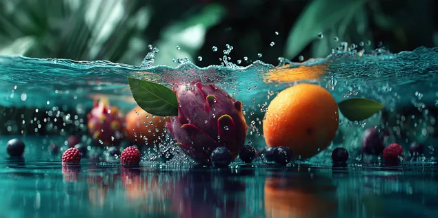 Frutas exóticas respingando na superfície da água cristalina. 2K papel de parede