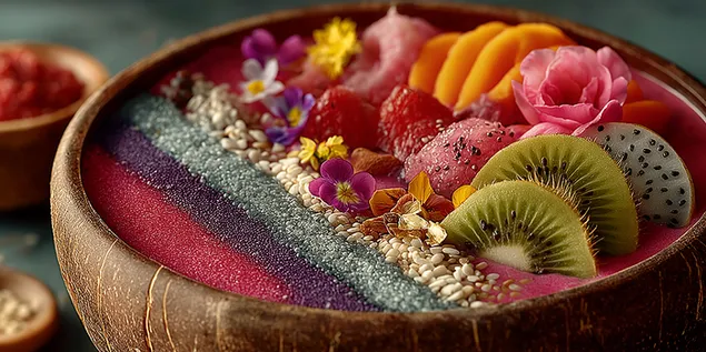 exotische smoothie bowl met gestreepte toppings en tropisch fruit download