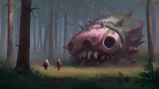 巨大な古代の森の生き物に近づく探検家たち 2K 壁紙