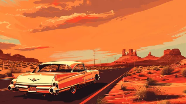 Route 66 verkennen in een klassieke Cadillac 8K achtergrond