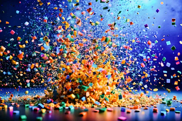 Explosie van kleurrijke confetti en glitter zorgt voor een feestelijke feestsfeer 4K achtergrond