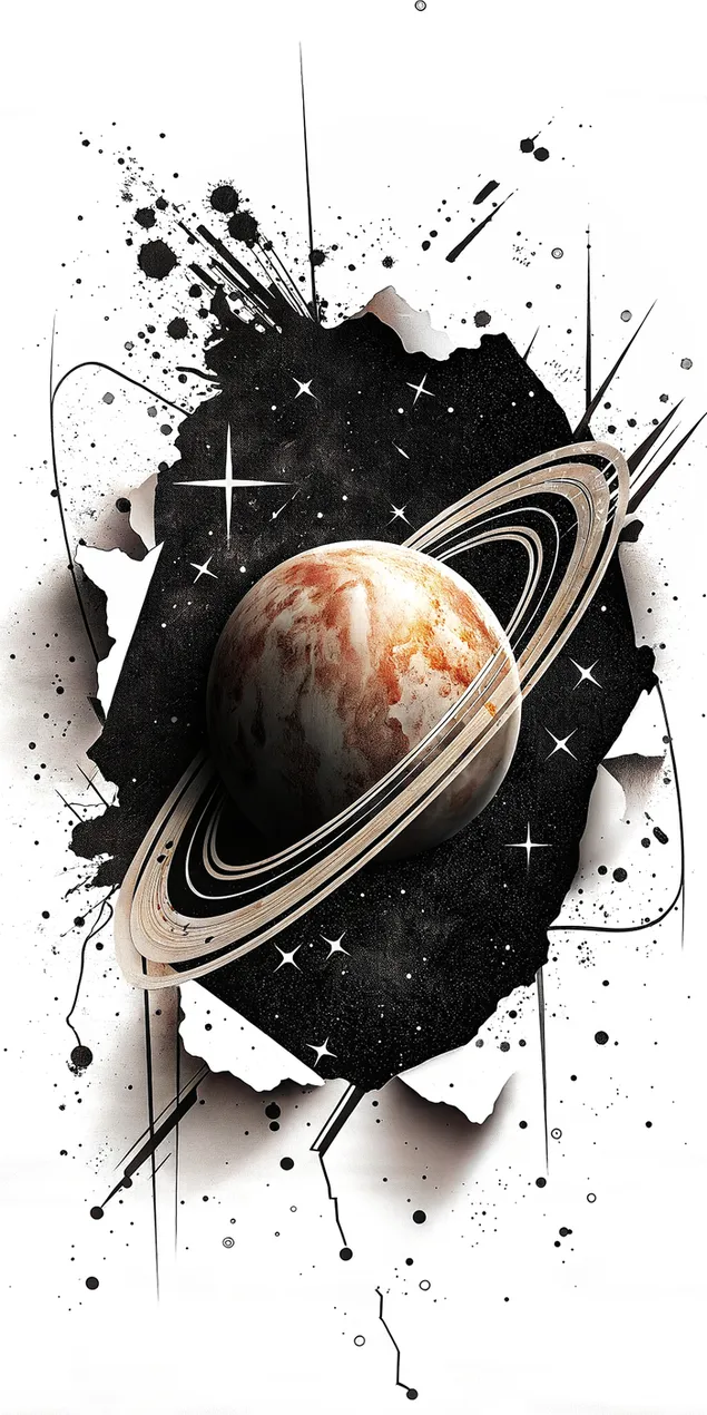 破れた紙を通して宇宙の爆発が土星の環を明らかにする 2K 壁紙