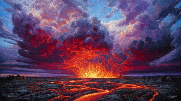 Taustpilt Plahvatuslik vulkaanipurse dramaatiliste tuliste pilvedega 2K