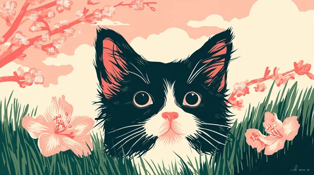 Izrazit mačji obraz, obdan z umetninami flore spomladanskega vrta 2K ozadje
