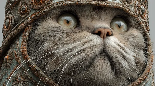 Изузетно детаљна мачка која носи украшено текстурирано покривало за главу 2K позадина
