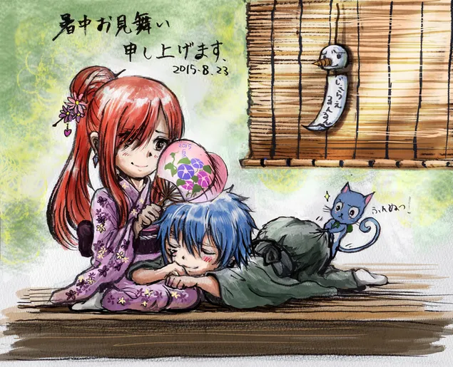 Fairy Tail - Erza Scarlet, Jellal Fernandes & Happy 2K ozadje