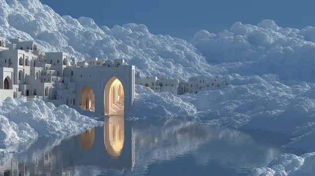 muat turun perkampungan dongeng dengan gerbang yang muncul dari air landskap bersalji