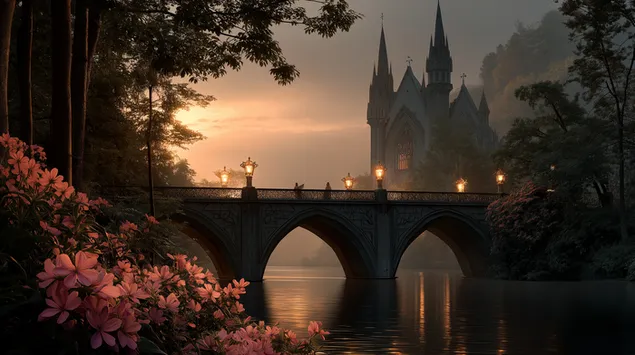 جسر خيالي يؤدي إلى قلعة بعيدة عند غروب الشمس 2K خلفية