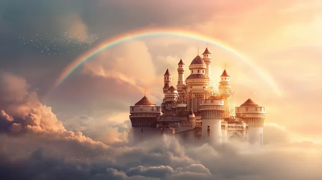 童話城堡漂浮在雲朵中，彩虹交織 2K 壁紙