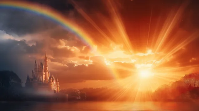 Castelo de conto de fadas ao pôr do sol com arco-íris sobre a água 2K papel de parede