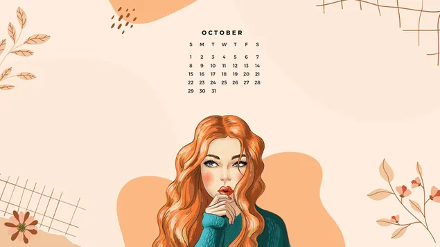 Tapeta Říjnový kalendář na podzim, krásná žena s oranžovými vlasy 4K