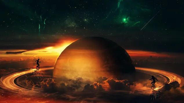 Fantastisch beeld van mensen die over de door wolken omgeven planeet fietsen