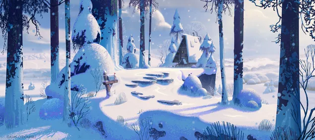 雪に覆われた森の木々に囲まれた一軒家の幻想的な景色