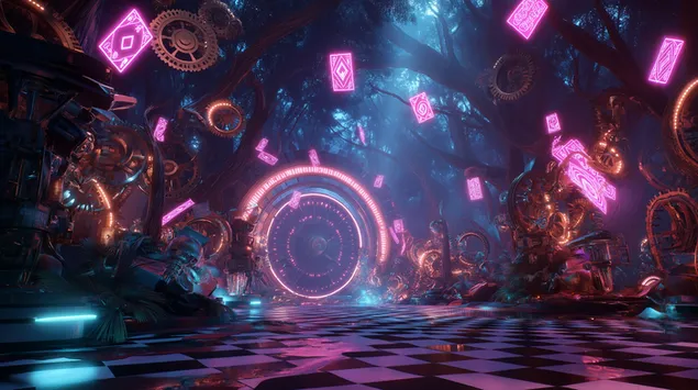 Fantastičen uničen gozd z geometrijskim sijajem 2K ozadje