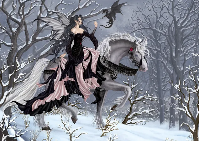 Fantasy anime mooi meisje in zwarte jurk op wit paard in besneeuwde bossen