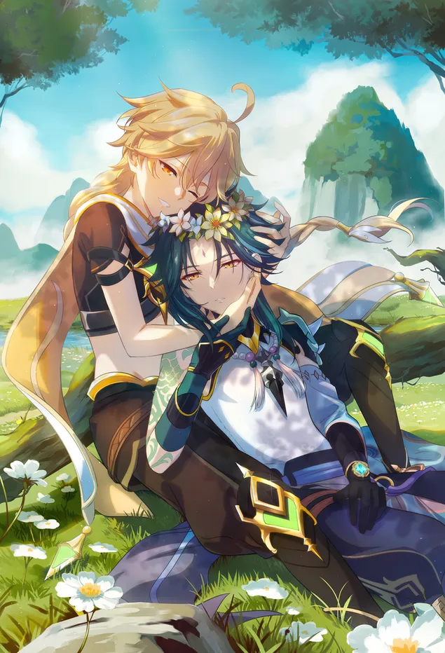 muat turun lelaki anime fantasi | aether & xiao | kesan genshin