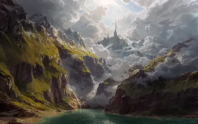 Fantasie anime landschapsbeeld van uitzicht op het meer van groene heuvels en architectuur gebouw onder mist HD achtergrond