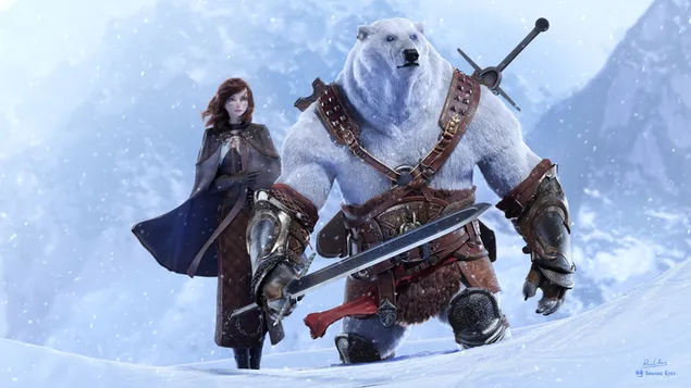 Fantasy, blue-eyed girl and polar bear warrior