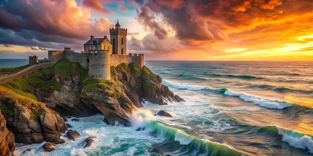 절벽 위의 판타지 성, 꿈같은 해변 요새 4K 배경화면