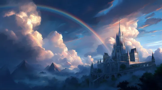 Fantasislott på ett berg med moln och regnbåge 2K bakgrund