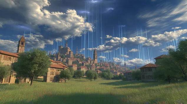 Fantazijska mestna pokrajina z eteričnimi svetlobnimi žarki 2K ozadje