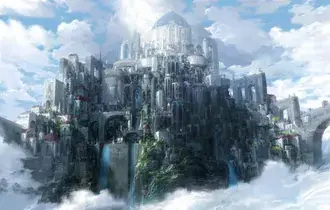 Tapeta Fantasy město s nádherným výhledem se stromy a vodopády pod bílými mraky HD