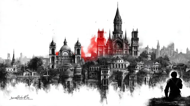 fantasiestadsgezicht: eenzame figuur en verre metropool download