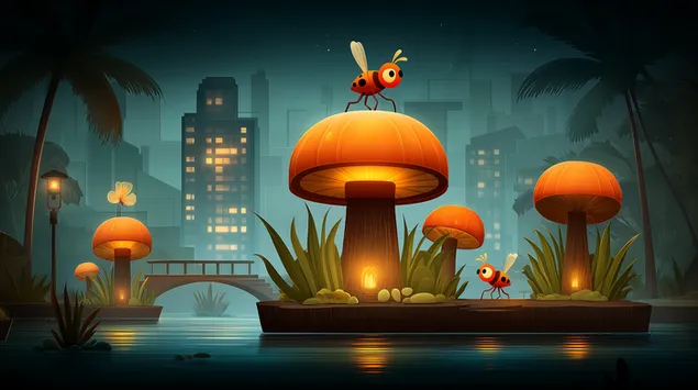 paisagem urbana de fantasia com cogumelos e insetos brilhantes download