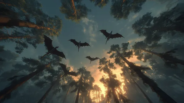 Criatures fantàstiques volant per sobre d'una densa capçada de bosc a la sortida del sol 2K fons de pantalla