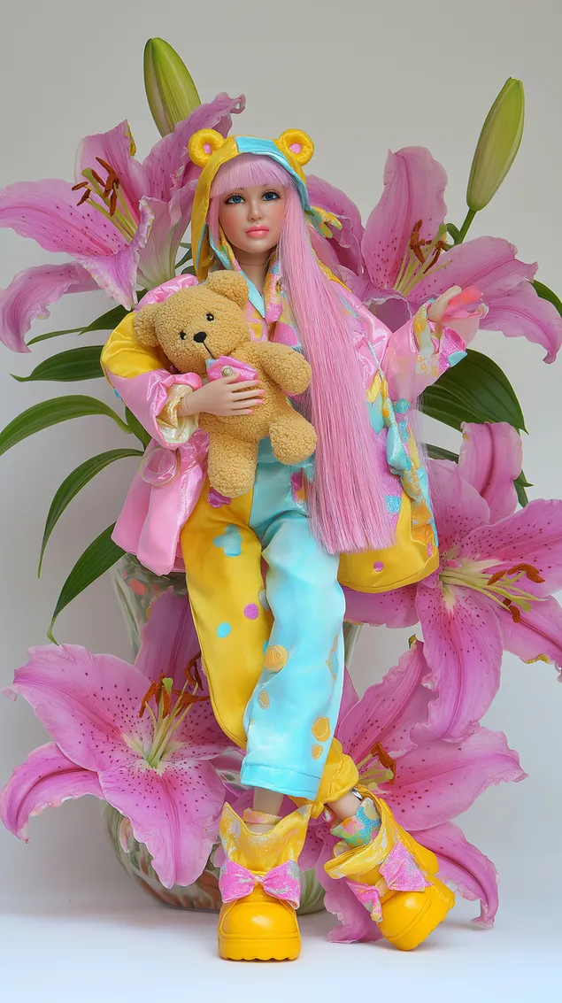 Fantasidukke med bamse i farverigt outfit og liljer HD baggrundsbillede