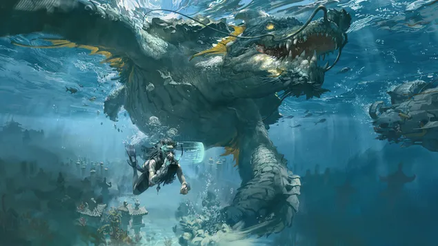 Fantasy-Drachenschildkröte unter Wasser 4K Hintergrundbild