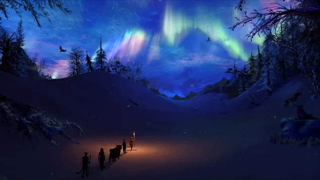 Hình nền Fantasy vẽ phong cảnh đêm bắc cực quang 4K