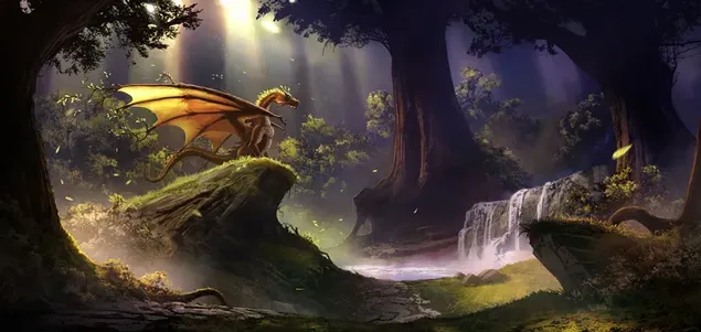Muat turun Lukisan fantasi naga berdiri di sebelah pokok dan sungai di dalam hutan