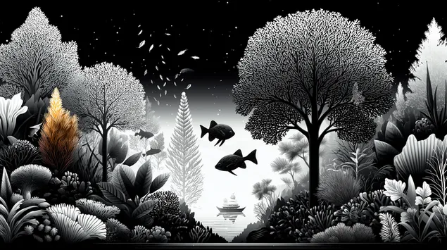 Paesaggio lacustre di foresta fantasy con alberi e pesci unici 2K sfondo