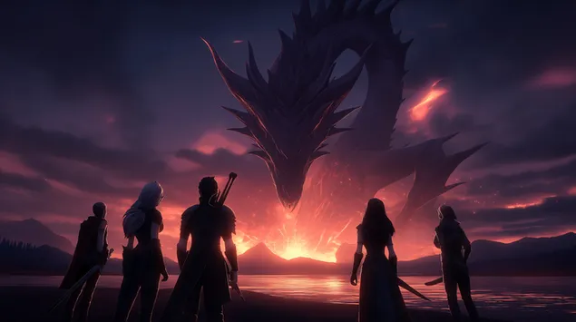 Eroi fantasy che affrontano un drago gigantesco all'orizzonte del tramonto 2K sfondo