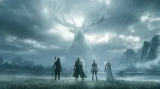 Tapeta Fantasy hrdinové hledí na majestátního ducha jelena v dešti 2K