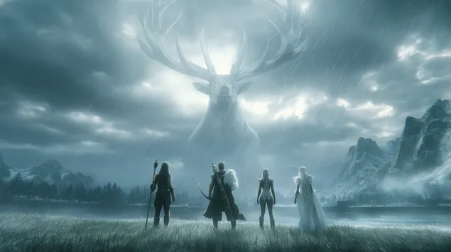 Pahlawan Fantasi Menatap Roh Rusa Agung di Tengah Hujan 2K wallpaper