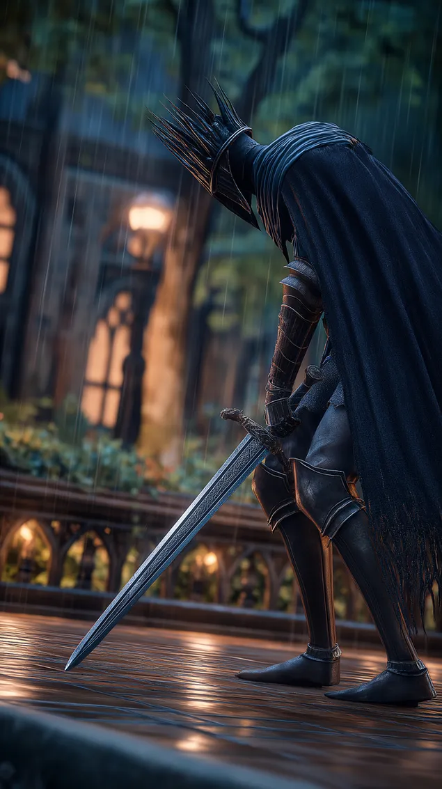 Tapeta Fantasy rytíř v korunované zbroji stojící v dešti HD