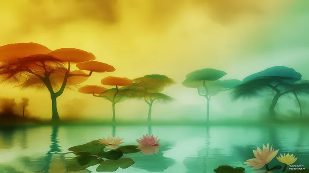 مشهد بحيرة خيالية مع أشجار أثيرية وأزهار مائية 2K خلفية