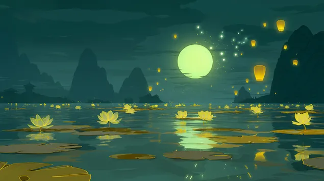 夢幻湖景，天燈與蓮花 2K 壁紙