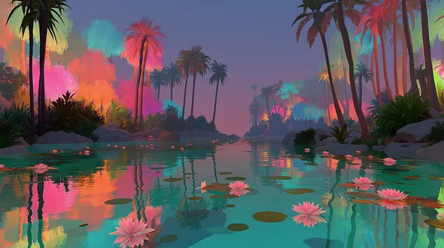 Фантазиско езеро со блескава флора и водни лилјани во самрак 2K тапет