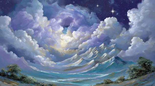 Paysage fantastique avec des nuages ​​de rêve et un ciel étoilé 2K fond d'écran