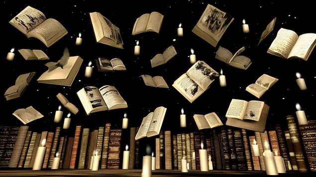 Yüzen Kitaplar ve Yanan Mumlarla Fantezi Kütüphane Sahnesi 2K duvar kağıdı